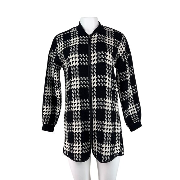 Long Line Bomber Jacket In Black And White Tweed - Picture 1 of 2